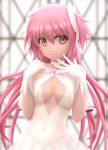  3d bow breasts center_opening cleavage collar covered_navel dress gloves goddess_madoka hair_bow highres kaname_madoka magical_girl mahou_shoujo_madoka_magica pink_hair siraha spoilers two_side_up white_dress white_gloves yellow_eyes 