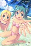  2girls aki_(akisora_hiyori) all_fours beach bikini blonde_hair double_bun dutch_angle green_eyes green_hair hair_ornament hair_ribbon hairclip happy_birthday hatsune_miku highres kagamine_rin looking_at_viewer multiple_girls open_mouth partially_submerged ribbon seashell shell sitting starfish swimsuit twintails vocaloid wariza 