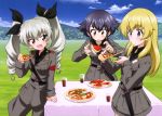  3girls absurdres anchovy carpaccio cup drinking_glass eating food girls_und_panzer highres multiple_girls necktie official_art pepperoni_(girls_und_panzer) pizza plate table twintails uniform 