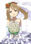  1girl blue_eyes bouquet bridal_veil brown_hair dress flower haruka_(pokemon) looking_at_viewer naga_(naga54321) pokemon pokemon_(game) pokemon_oras short_hair solo veil wedding wedding_dress white_background 