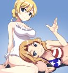  2girls american_flag_bikini bangs bare_legs barefoot bikini blonde_hair blue_eyes blush braid breasts brown_hair cleavage commentary_request darjeeling flag_print frilled_swimsuit frills girls_und_panzer kay_(girls_und_panzer) lap_pillow long_hair looking_at_viewer lying multiple_girls nanashino on_side one-piece_swimsuit short_hair sitting smile swimsuit tied_hair wariza white_swimsuit 