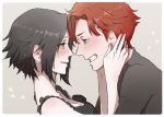  1boy 1girl baccano! black_hair chane_laforet claire_stanfield couple eye_contact grin hand_on_another&#039;s_face hetero looking_at_another nakumonaga_uma profile redhead short_hair sketch smile upper_body yellow_eyes 