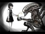  1girl alien alien_(movie) dated flower giving h.r._giger nullhachi sitting xenomorph 