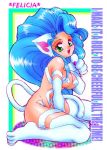  animal_ears artist_request big_hair blue_hair capcom cat_ears cat_paws cat_tail character_name claws copyright_request felicia fur green_eyes open_mouth paws tail vampire_(game) 