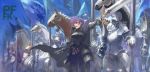  1girl armor belt breastplate cowter gauntlets gorget helmet highres horse pauldrons pixiv_fantasia pixiv_fantasia_fallen_kings purple_hair short_hair shouting spaulders standard_bearer standing sword virus76 weapon wind 