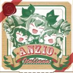  3girls alternate_costume anchovy carpaccio chaki_(teasets) chibi closed_eyes cosplay cover drill_hair girls_und_panzer hair_lift halftone italian multiple_girls open_mouth pepperoni_(girls_und_panzer) pizza_box smile twin_drills twintails wax_seal 