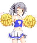  1girl aikawa_ryou blush cheerleader cleavage_cutout collarbone commentary flat_chest grey_hair heart_cutout kantai_collection kasumi_(kantai_collection) looking_at_viewer navel one_eye_closed open_mouth pleated_skirt pom_poms side_ponytail skirt solo white_background 
