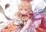  1girl bell bell_collar blonde_hair collar fairy fairy_wings flower limobok long_hair original sailor_collar solo tongue tongue_out violet_eyes wings 