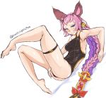  1girl animal_ears bangs black_swimsuit blue_eyes blush bow braid breasts closed_mouth erun_(granblue_fantasy) esser eyeshadow granblue_fantasy hair_bow hair_ornament legs legs_up long_hair looking_away lying makeup medium_breasts niwatori_gunsou on_back one-piece_swimsuit pink_hair red_bow shadow simple_background single_braid solo sweat swimsuit taut_clothes taut_swimsuit thigh_strap twitter_username very_long_hair white_background 