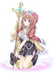  1girl alt atelier_(series) atelier_rorona blue_eyes boots bracelet breasts brown_hair cape cleavage corset hat highres jewelry knee_boots kneeling long_hair necklace rororina_fryxell shirt skirt smile solo staff 
