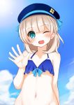  1girl absurdres bikini blue_bikini blue_eyes blue_sky clouds cloudy_sky collarbone commentary_request hat highres leaf1031 looking_at_viewer navel original sailor_hat short_hair silver_hair sky solo swimsuit waving 