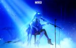  1girl absurdly_long_hair ajimita boots crossed_legs drum guitar hatsune_miku headphones instrument light_rays long_hair microphone music piano playing_instrument sitting smoke twintails very_long_hair vocaloid 