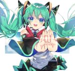  1girl :d aqua_eyes character_name commentary_request detached_sleeves green_hair hatsune_miku headphones kinokoko-kino long_hair looking_at_viewer open_mouth pleated_skirt skirt smile solo twintails vocaloid 