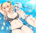  2girls anne_bonny_(fate/grand_order) arm_up ass bare_back bikini black_bikini blonde_hair blue_eyes blue_hair breasts fate/grand_order fate_(series) headband kanosigu long_hair lying mary_read_(fate/grand_order) medium_breasts multiple_girls navel on_back on_stomach red_eyes scar short_hair smile swimsuit thighs very_long_hair wet white_bikini 