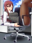  1girl ;d ass brown_eyes brown_hair brown_legwear chair female long_hair looking_at_viewer neri_sachiko office_chair office_lady one_eye_closed open_mouth original pantyhose sitting smile solo uniform 