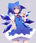  &gt;:) 1girl blue_bow blue_dress blue_eyes blue_hair blush bow cirno closed_mouth commentary_request cowboy_shot dress hair_bow hand_on_hip heart ice ice_wings looking_at_viewer neck_ribbon puffy_short_sleeves puffy_sleeves red_ribbon ribbon short_hair short_sleeves solo touhou wings you_(noanoamoemoe) 
