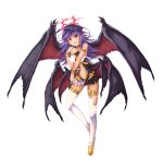  &gt;:d 1girl :d armlet ass_visible_through_thighs bare_shoulders blush bracelet breasts choker darklord_ixtab demon_girl demon_wings dress duel_monster earrings fang full_body halo head_wings highres jewelry large_breasts long_hair looking_at_viewer multicolored_dress multiple_wings navel open_mouth pointy_ears purple_hair shoes short_dress smile solo stomach takayuuki thigh-highs torn_clothes torn_thighhighs violet_eyes white_background white_legwear wings yellow_shoes yuu-gi-ou 