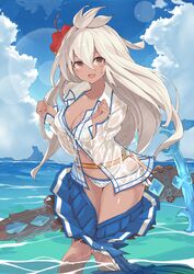  1girl a_(nanananaaannaa) ahoge bikini blue_sky breasts cleavage clouds dark_skin dragon granblue_fantasy hair_between_eyes knees_together_feet_apart light_particles long_hair looking_at_viewer medium_breasts midriff navel ocean open_mouth outdoors red_eyes see-through side-tie_bikini skirt skirt_pull sky standing standing_on_liquid swimsuit the_order_grande water wet wet_clothes white_bikini white_hair 