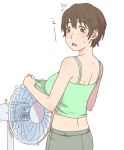  /\/\/\ 1girl blush breasts brown_eyes brown_hair camisole camisole_lift commentary_request ebinera electric_fan fan fanning_self from_behind idolmaster idolmaster_cinderella_girls large_breasts lifted_by_self looking_back midriff oikawa_shizuku open_mouth short_hair solo sweatdrop white_background 