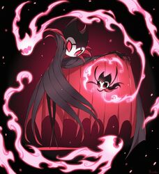  2others arizuka_(catacombe) bat bug cloak commentary_request grey_cloak highres hollow_knight insect looking_at_viewer multiple_others nightmare_king_grimm red_cloak red_eyes steam vampire 