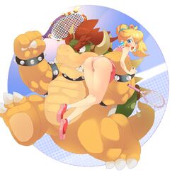  1girl ass blonde_hair blue_eyes bowser carrying_over_shoulder crown highres horns super_mario_bros. mario_tennis monster nintendo panties princess_peach racket redhead super_mario_bros. tennis_racket underwear zabumaku 