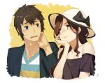  1boy 1girl 92m black_hair blue_eyes blush brown_eyes brown_hair chin_rest hat kimi_no_na_wa long_hair looking_at_another okudera_miki open_mouth short_hair smile sweatdrop tachibana_taki 