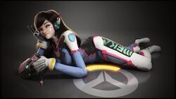  1girl 3d bangs black_border bodysuit border breasts brown_eyes brown_hair charm_(object) clothes_writing commentary d.va_(overwatch) emblem facepaint facial_mark finger_on_trigger full_body gloves glowing glowing_weapon graxious_art grey_background gun handgun head_rest headphones highres light_smile logo long_hair looking_at_viewer lying medium_breasts on_stomach overwatch pilot_suit pistol reflective_floor solo swept_bangs v wallpaper weapon whisker_markings white_gloves 