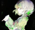  1girl anabone bangs black_background blonde_hair commentary_request green_eyes half-closed_eyes hand_gesture long_sleeves mizuhashi_parsee open_mouth pointy_ears ribbon shirt short_hair simple_background solo touhou 