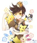  ! 1girl anger_vein animal atobesakunolove bodysuit bomber_jacket brown_hair brown_jacket collarbone crossover dedenne earrings emolga goggles harness heart highres holding holding_animal jacket jewelry looking_at_viewer minun open_mouth overwatch petting pichu pikachu plusle pokemon pokemon_(creature) pokemon_(game) short_hair simple_background sleeves_folded_up solo speech_bubble spiky_hair spoken_anger_vein spoken_exclamation_mark spoken_heart tracer_(overwatch) upper_body watermark web_address white_background 