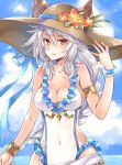  1girl animal_ears arm_at_side braid breasts clouds cloudy_sky erun_(granblue_fantasy) flower frills granblue_fantasy hair_between_eyes hair_intakes hair_tubes hairband hat hat_flower heles large_breasts long_hair looking_at_viewer mikipa one-piece_swimsuit parted_lips sarong shiny shiny_skin silver_hair single_braid sky solo straw_hat sun_hat swimsuit very_long_hair white_swimsuit yellow_eyes 