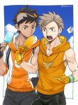  2boys bare_shoulders biceps black_hair blonde_hair blue_eyes clouds dark_skin dark_skinned_male eating fingerless_gloves food_theft gloves grey_eyes jewelry male_focus male_protagonist_(pokemon_go) multiple_boys necklace orange_gloves pokemon pokemon_go popsicle sky sleeveless sleeveless_hoodie spark_(pokemon) tearing_up torakichi_(ebitendon) twitter_username visor_cap 