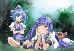  2girls blue_dress blue_eyes blue_hair bow chin_rest cirno dress dress_shirt fundoshi hair_ornament hairclip hinanawi_tenshi indian_style japanese_clothes lying multiple_girls no_hat no_headwear on_stomach open_mouth panties pantyshot red_eyes shirt sitting skirt touhou underwear yohane 