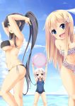  3girls amau_(kosmos) ball beachball bikini black_hair blonde_hair blue_eyes breasts cleavage frilled_bikini frills from_side glasses large_breasts long_hair multiple_girls ocean old_school_swimsuit original ponytail school_swimsuit short_hair side-tie_bikini silver_hair swimsuit very_long_hair violet_eyes water 