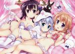  3girls :d absurdres alternate_hairstyle animal_ears animal_hood anko_(gochuumon_wa_usagi_desuka?) bangs bare_shoulders bed black_hair blue_bra blue_eyes blue_panties blush blush_stickers bow bow_bra bow_panties bowtie bra braid breasts bustier canopy_bed choker circle_name cleavage collarbone crease crown curtains dated fake_animal_ears frilled_bra frilled_panties frills fujima_takuya garters gloves gochuumon_wa_usagi_desu_ka? groin hair_ornament hair_over_shoulder hair_ribbon hairclip highres hips holding_hands hood hoodie hoto_cocoa indoors interlocked_fingers kafuu_chino light_smile lingerie long_hair looking_at_viewer lying multiple_girls navel on_back on_bed on_side open_mouth orange_eyes orange_hair panties parted_lips phone pillow pink_bra pink_panties plaid polka_dot polka_dot_bra polka_dot_panties reclining ribbon rotary_phone short_hair side-tie_panties sideboob sidelocks silver_hair small_breasts smile strap_slip strapless stuffed_animal stuffed_bunny stuffed_toy tedeza_rize thigh-highs thigh_gap tippy_(gochuumon_wa_usagi_desuka?) transparent twin_braids underwear underwear_only violet_eyes white_bra white_gloves white_legwear white_panties wild_geese window wings wrist_ribbon x_hair_ornament 