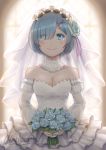  1girl bare_shoulders blue_eyes blue_hair bouquet breasts bridal_veil bride chizza cleavage dress elbow_gloves flower gloves hair_ornament hair_over_one_eye hair_ribbon highres pink_ribbon re:zero_kara_hajimeru_isekai_seikatsu rem_(re:zero) ribbon short_hair smile solo strapless strapless_dress tears veil wedding_dress white_dress x_hair_ornament 