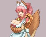  1girl @_@ animal_ears bell bell_collar blush breasts caster_(fate/extra) cleavage collar fangs fate/grand_order fate_(series) fox fox_ears fox_tail grey_background hair_ribbon large_breasts long_hair looking_at_viewer open_mouth pink_hair ribbon simple_background solo tail tamamo_cat_(fate/grand_order) yellow_eyes 