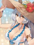  1girl alternate_costume animal_ears asato_(fadeless) bare_shoulders braid breasts cat_ears cleavage collarbone erun_(granblue_fantasy) flower granblue_fantasy hair_between_eyes hair_intakes hair_tubes hand_on_headwear hat hat_flower heles hibiscus large_breasts long_hair looking_at_viewer silver_hair single_braid smile solo sparkle straw_hat sun_hat upper_body very_long_hair yellow_eyes 