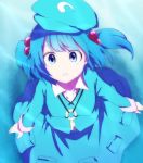  1girl arms_at_sides blue_eyes blue_hair blue_shirt blue_skirt commentary_request from_above hair_bobbles hair_ornament kawashiro_nitori key long_sleeves looking_at_viewer parted_lips pocket shirt short_hair skirt skirt_set solo touhou two_side_up you_(noanoamoemoe) 