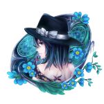  1girl absurdres bare_back bare_shoulders black_hair blue_eyes clock dai_(yamii) flower from_behind frown gap hat hat_ribbon highres looking_back ribbon roman_numerals short_hair simple_background solo touhou usami_renko white_background 