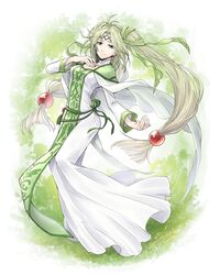  1girl aino_yumeri capelet circlet dress full_body green_eyes green_hair hair_bobbles hair_ornament highres jewelry long_hair mireille_feydeau necklace outstretched_hand signature smile solo tales_of_pixiv very_long_hair 