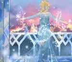  1girl bad_id blonde_hair braid elsa_(frozen) from_behind frozen_(disney) highres outstretched_arms single_braid solo spread_arms standing youmonii 