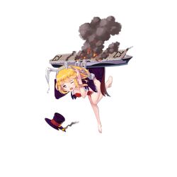  1girl :o animal_ears barefoot blonde_hair blue_eyes blush breasts burning burnt_clothes cane ericsakura fake_animal_ears fire flight_deck freckles hat large_breasts leotard_under_clothes machinery magician official_art princeton_(zhan_jian_shao_nyu) rabbit_ears short_hair smoke solo top_hat torn_clothes torn_coat torn_hat transparent_background wince zhan_jian_shao_nyu 