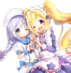  2girls ;d ;o anchor apron artist_request blonde_hair blue_eyes blush braid flower_knight_girl heart heart_hands heart_hands_duo heliotrope_(flower_knight_girl) ikarisou_(flower_knight_girl) long_hair maid maid_headdress multiple_girls neck_ribbon one_eye_closed open_mouth ribbon sailor_collar silver_hair smile twin_braids twintails violet_eyes white_background wrist_cuffs 