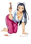  1girl all_fours barefoot black_hair blue_eyes breasts cleavage collarbone holding ikkitousen kakouen_myousai large_breasts long_hair looking_at_viewer shirt simple_background smile solo white_background white_shirt 