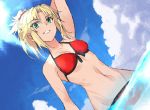  1girl aqua_eyes arm_behind_head armpits bikini blonde_hair blue_sky breasts cleavage clouds day fate/grand_order fate_(series) grin in_water looking_at_viewer mayuge1017 navel ocean outdoors ponytail red_bikini saber_of_red sky smile solo swimsuit wet 