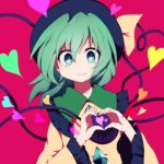  1girl black_hat closed_mouth commentary_request eyeball frilled_shirt_collar frilled_sleeves frills green_eyes green_hair hat hat_ribbon heart heart-shaped_pupils heart_hands heart_of_string komeiji_koishi long_sleeves looking_at_viewer pink_background ribbon shirt smile solo symbol-shaped_pupils third_eye touhou upper_body wide_sleeves yellow_ribbon yellow_shirt you_(noanoamoemoe) 