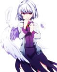  1girl angel_wings blurry bow bowtie braid brooch commentary_request covering_mouth cowboy_shot depth_of_field dress feathered_wings feathers jacket jewelry kishin_sagume long_sleeves looking_at_viewer open_clothes open_jacket pink_eyes purple_dress red_bow red_bowtie short_hair silver_hair single_wing solo touhou white_background white_wings wings you_(noanoamoemoe) 