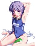 1girl akebono_(kantai_collection) alternate_costume armpit_peek arms_between_legs bare_arms bare_legs barefoot bell bikini blue_swimsuit blush breasts chestnut_mouth eyebrows eyebrows_visible_through_hair flower full_body goggles goggles_around_neck hair_bell hair_flower hair_ornament highres jingle_bell kantai_collection long_hair looking_at_viewer maimu_(gol-em-1226) new_school_swimsuit one-piece_swimsuit open_mouth purple_hair school_swimsuit side_ponytail sitting small_breasts solo stretched_limb swim_cap swim_cap_removed swimsuit thighs toes very_long_hair violet_eyes white_bikini 