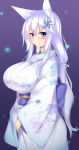  1girl animal_ears blush breasts fox_ears hair_ornament highres huge_breasts japanese_clothes kimono kutan mizuki_(kutan) obi original sash smile solo standing violet_eyes white_hair yukata 