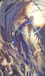  1boy ana_bi animal arrow bird bow_(weapon) cardcaptor_sakura clouds dutch_angle feathered_wings flying gem highres large_wings long_hair low-tied_long_hair pants pigeon sky very_long_hair weapon white_hair white_pants white_wings wings yue_(ccs) 